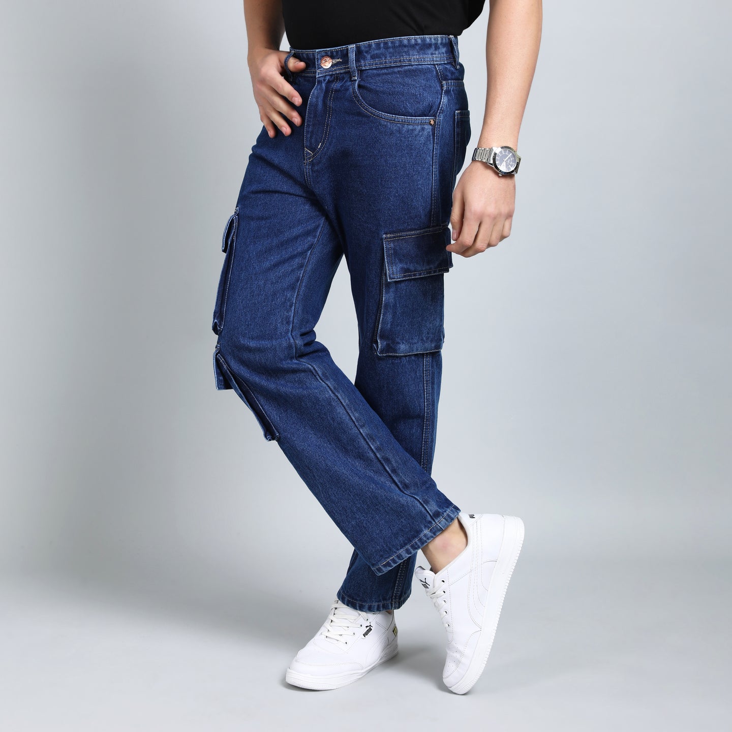 DARK BLUE BAGGY CARGO FIT JEANS 4639-1